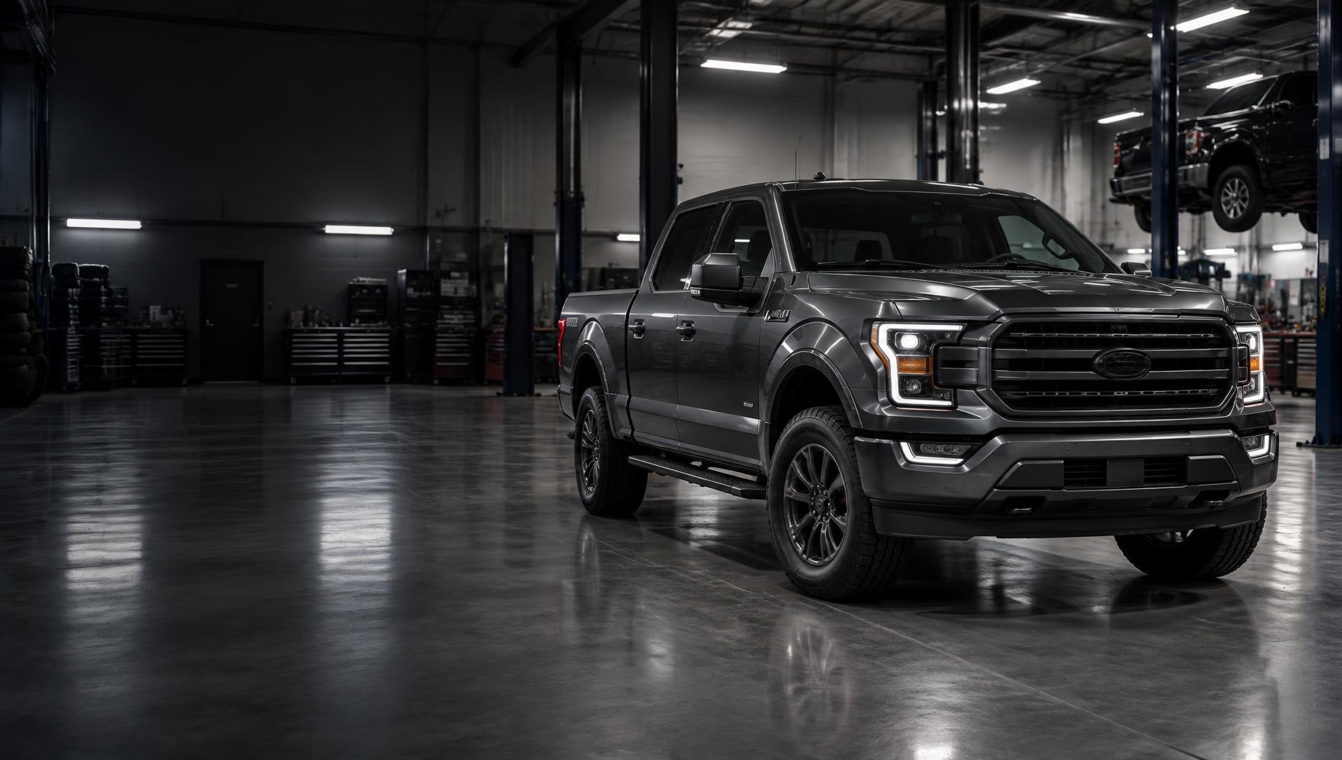 Modern pickup truck in a professional automotive service garage